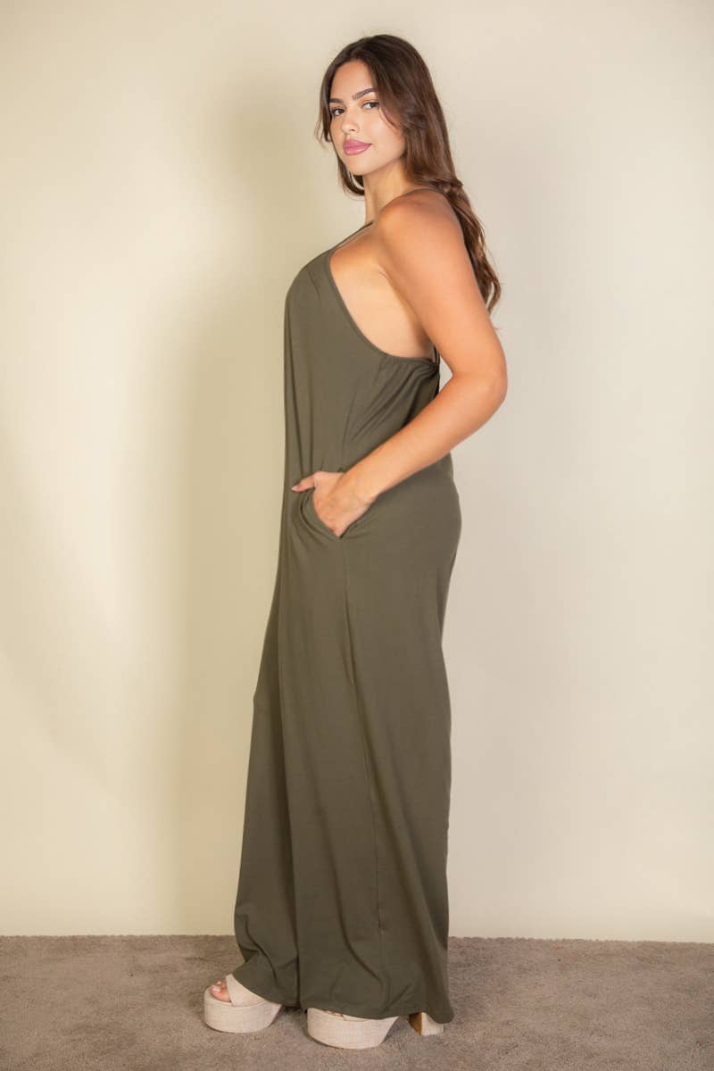 Plus Spaghetti strap solid wide jumpsuit: Olive / 2X