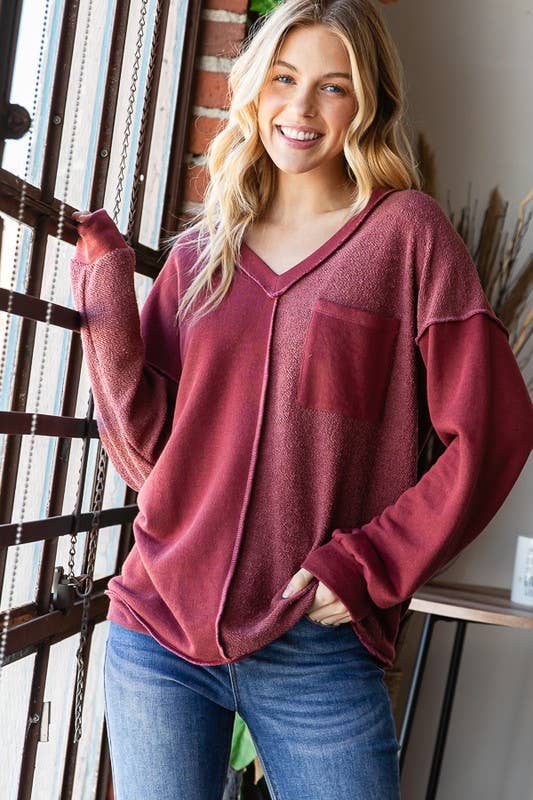 ET7663-11 LONG PUFF SLEEVE SOLID REVERSE CONTRAST TOP: Black (S-M-L)