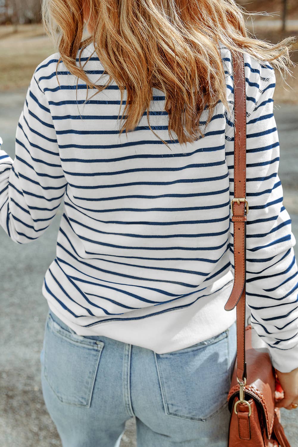 Casual Striped Print Ribbed Trim Long Sleeve Top: Fiery Red / 100%Polyester