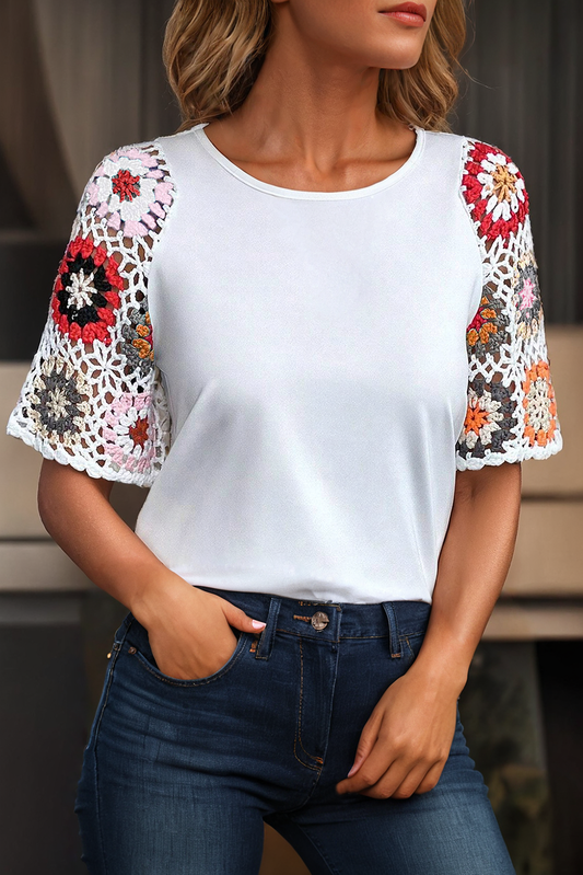 Floral Crochet Short Sleeve Top (S-XL)