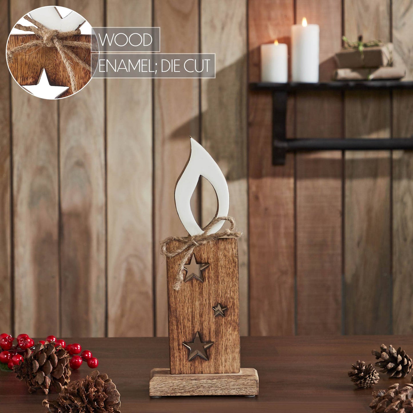 White Flame Natural Candle w/ Stars Wooden Figurine 12x5x2