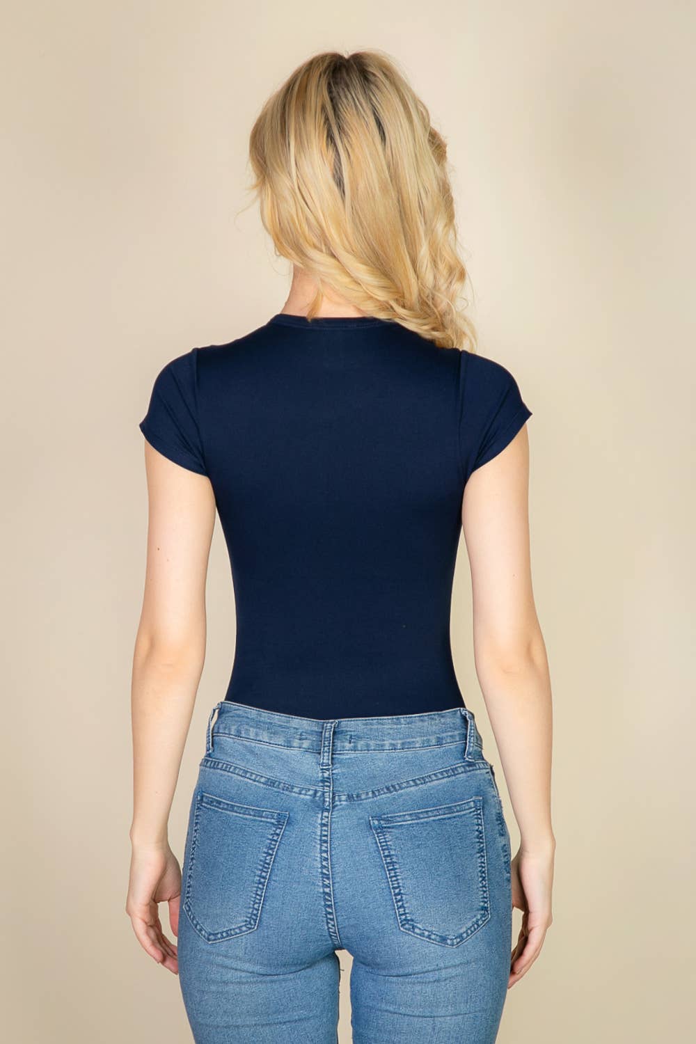 Short Sleeve Crew Neck Bodysuit: NAVY / L