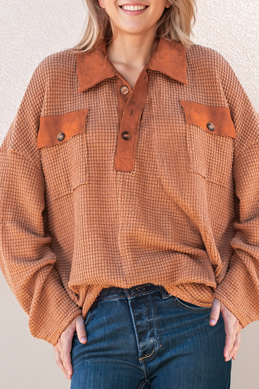 Waffle Knit Button Down Contrast Long Sleeve Top (S-3XL): Brown / Missy / S