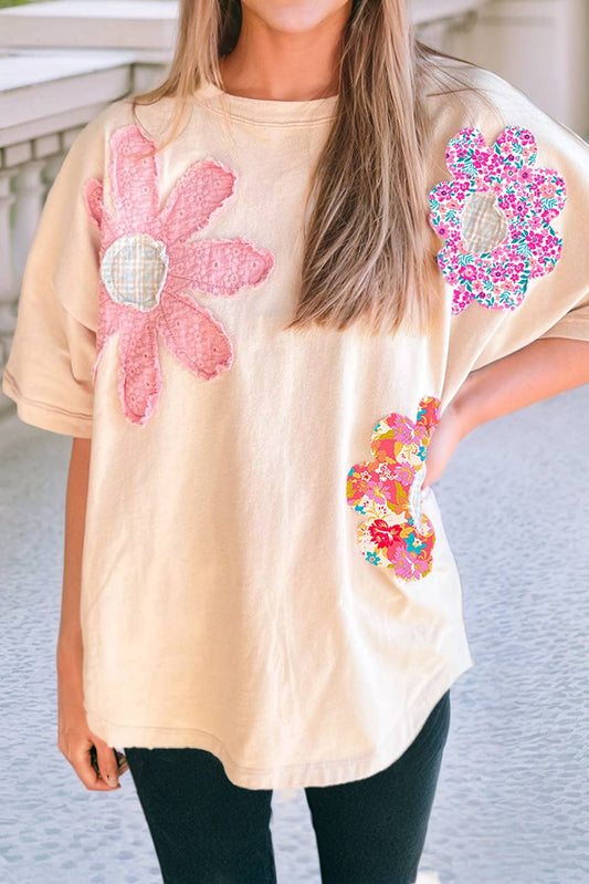 LDC Flower Patched Exposed Trim Crew Neck Loose Tee