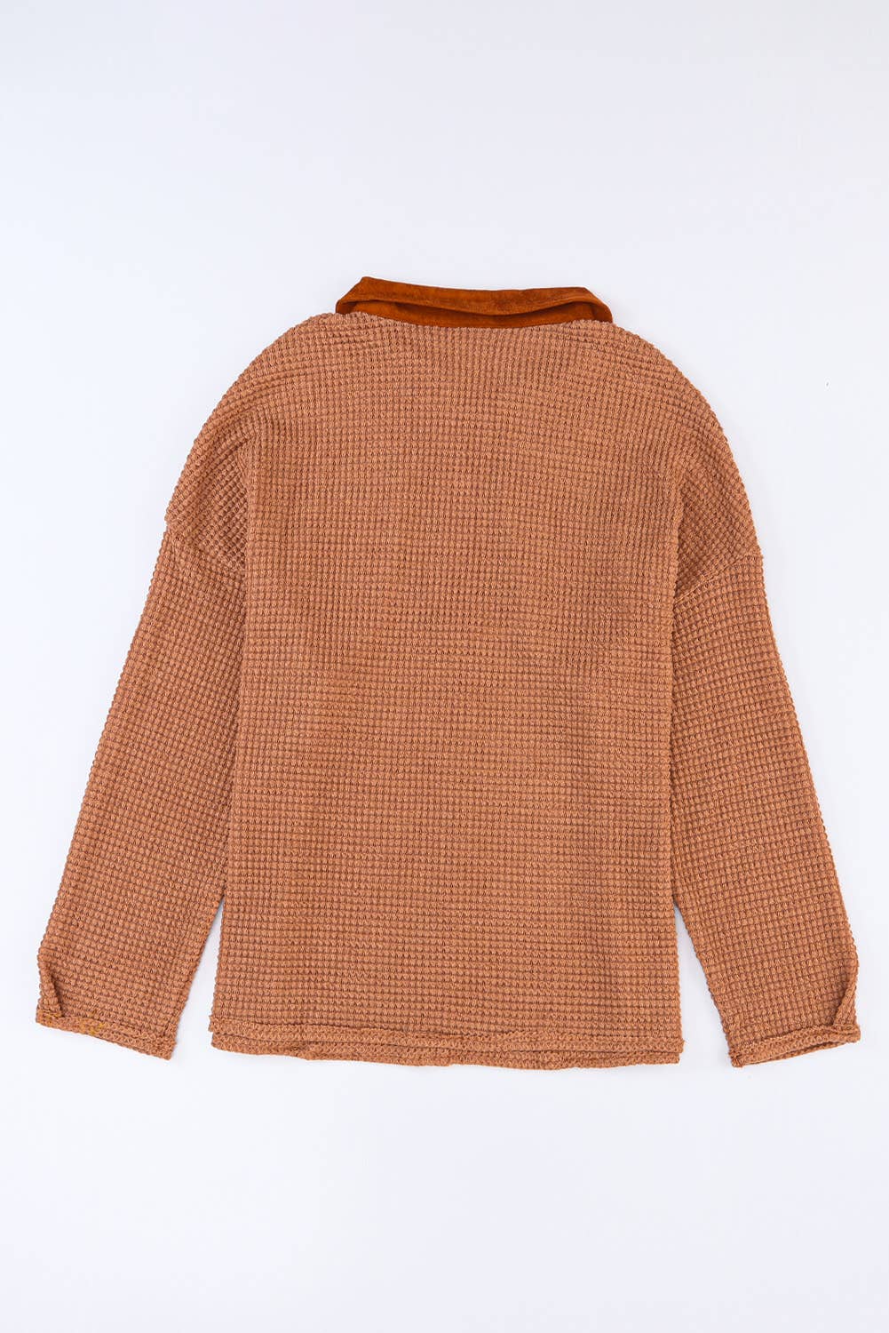 Waffle Knit Button Down Contrast Long Sleeve Top (S-3XL): Brown / Missy / S