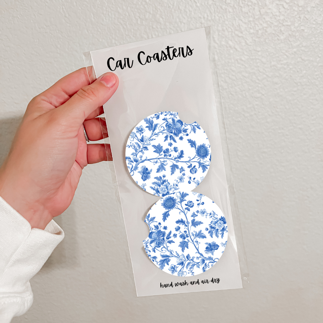 Set of 2 Neoprene Car Coasters | Blue Florals (20 Options)