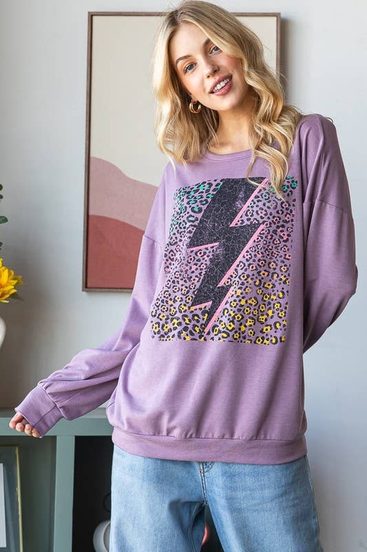 ET7431-14 LONG PUFF SLEEVE SOLID LIGHTNING PRINT TOP: LT H GREY (S-M-L)