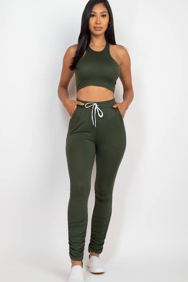 Crop Top & Ruched Pants Set: S / Taupe