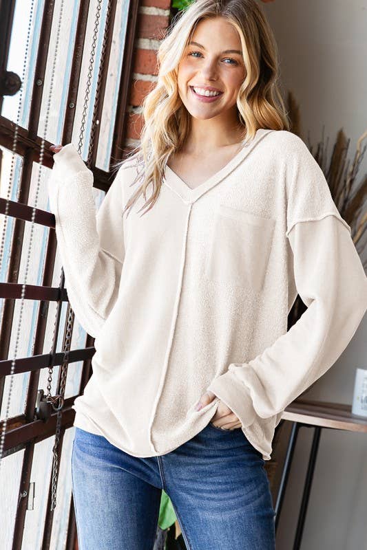 ET7663-11 LONG PUFF SLEEVE SOLID REVERSE CONTRAST TOP: Black (S-M-L)