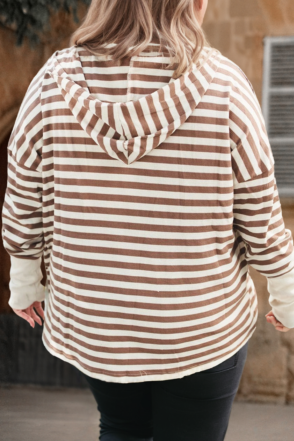 Women's Plus Size Striped Button-Up Long Sleeve Hoodie: Brown / Plus Size / 2X