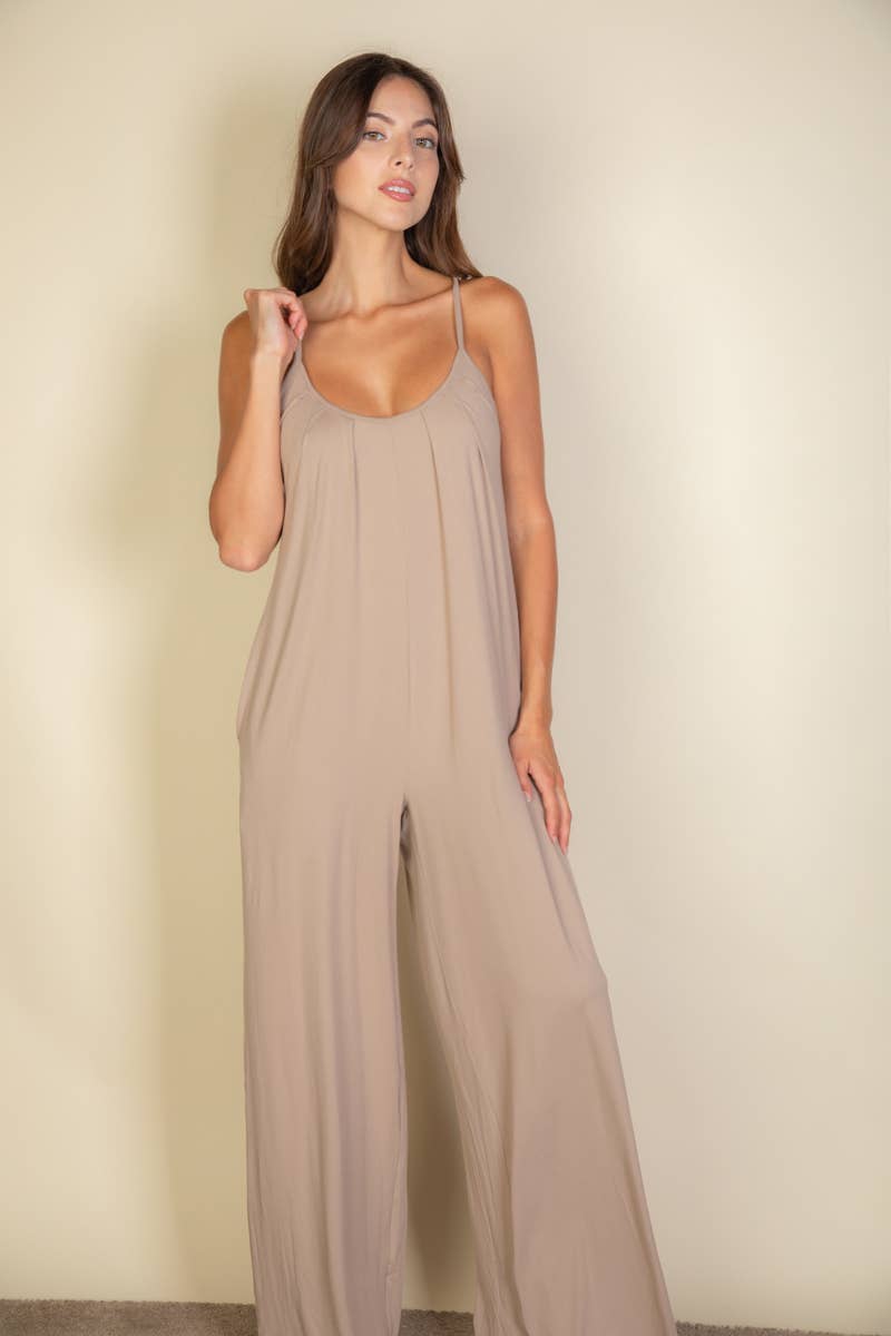 Spaghetti strap solid wide jumpsuit: Olive / L