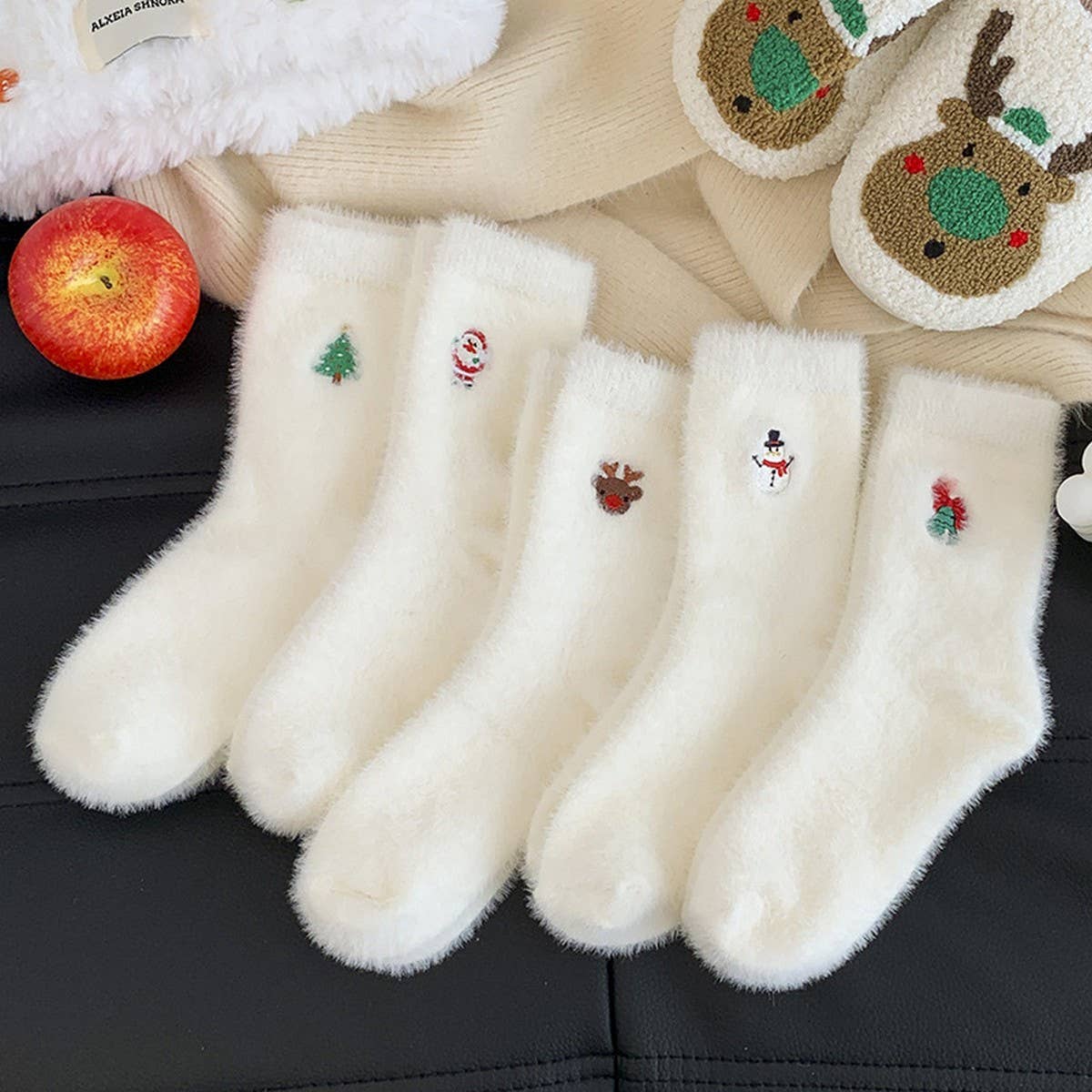 White Christmas Socks Women Fleece Warm Cozy_CWMS02813