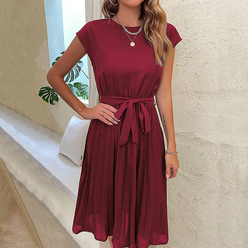 Pleated Dress in Solid Color for Summer Vacation: Dark Blue / XL