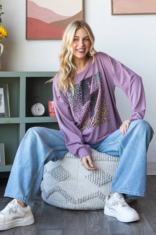 ET7431-14 LONG PUFF SLEEVE SOLID LIGHTNING PRINT TOP: LAVENDER  (S-M-L)