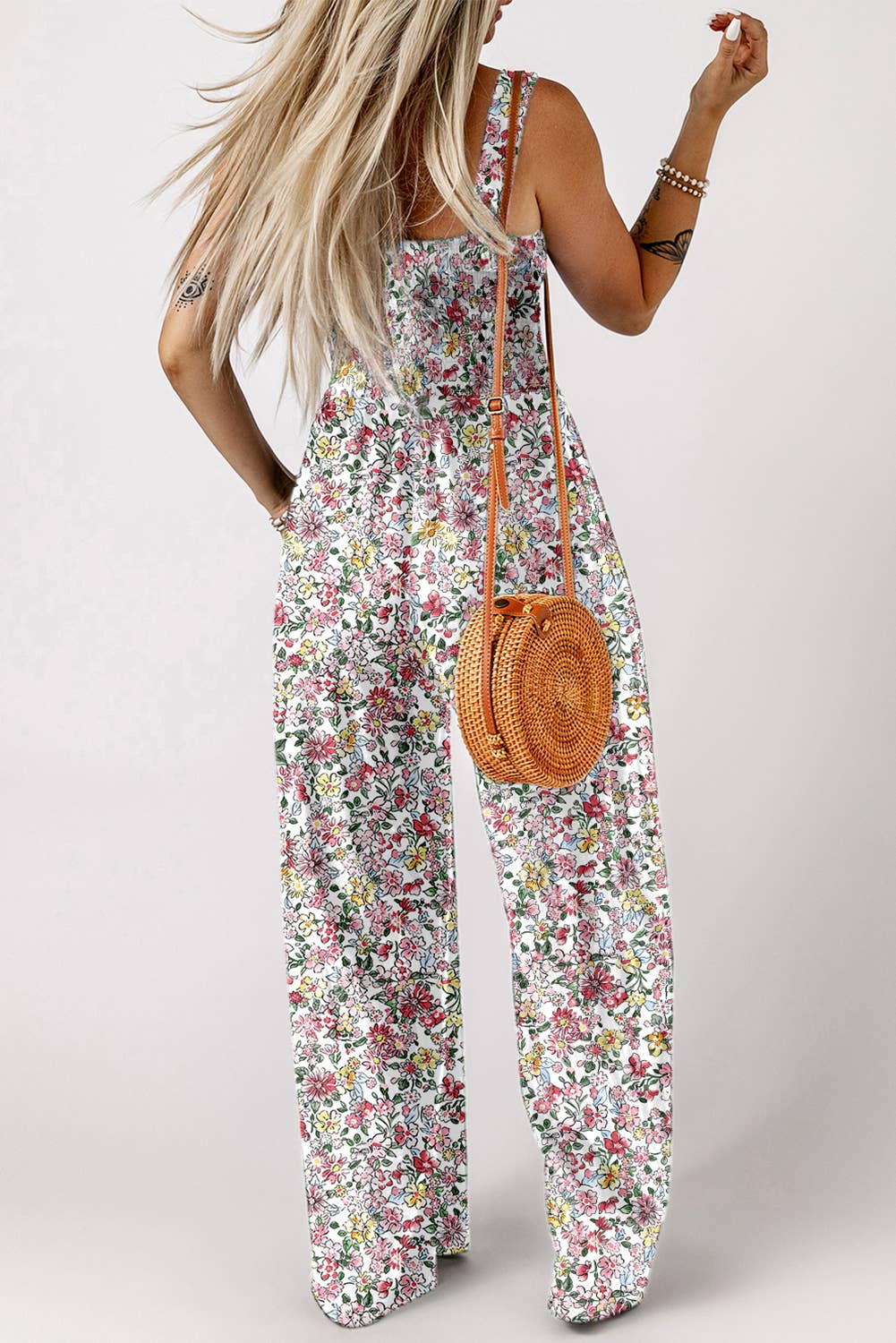 LDC Floral Print Smocked High Waist Square Neck Jumpsuit