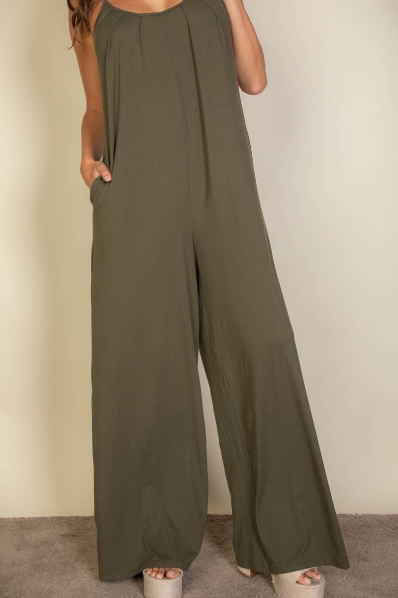 Spaghetti strap solid wide jumpsuit: Olive / L