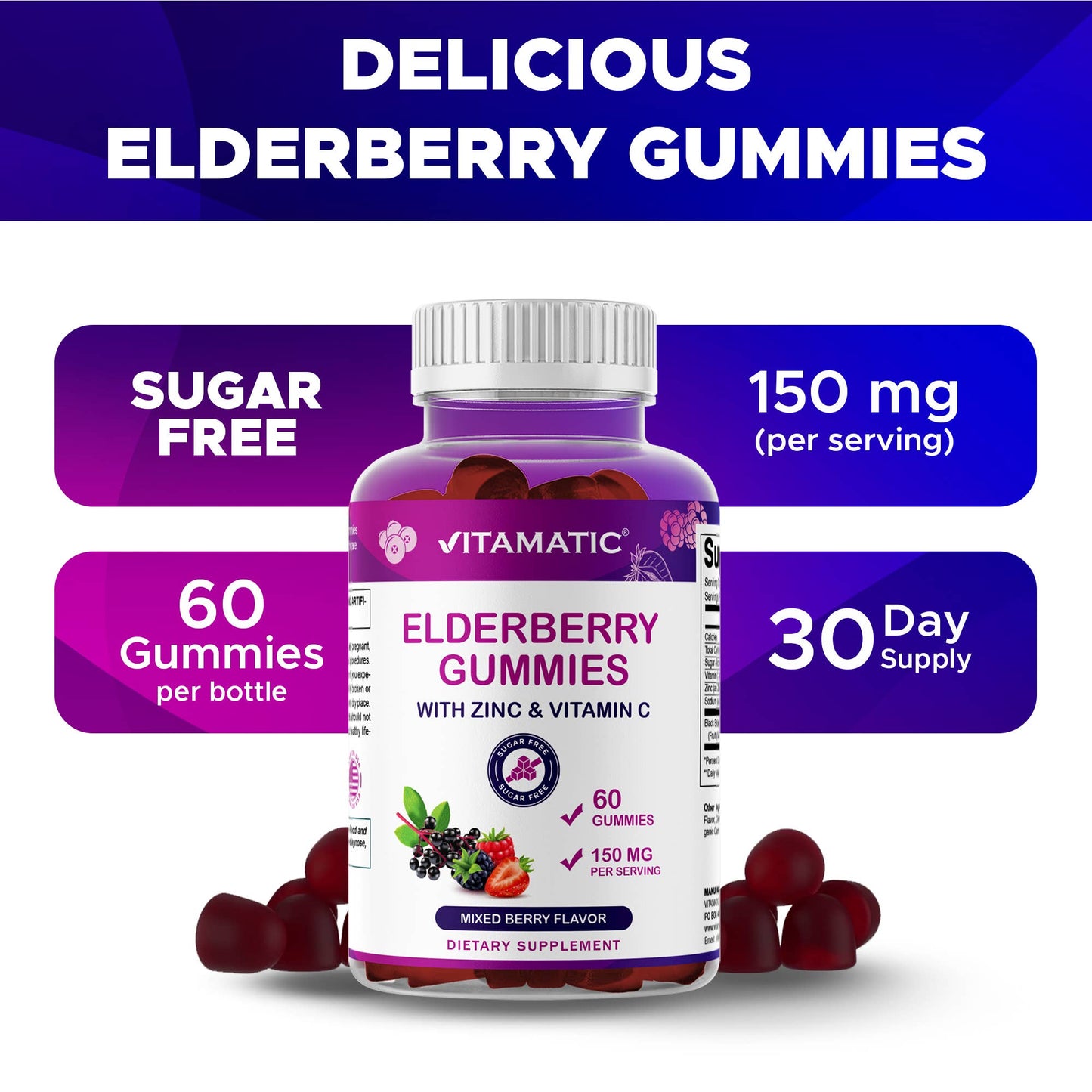 Vitamatic Elderberry Gummies with Vitamin C & Zinc –60 Gummy