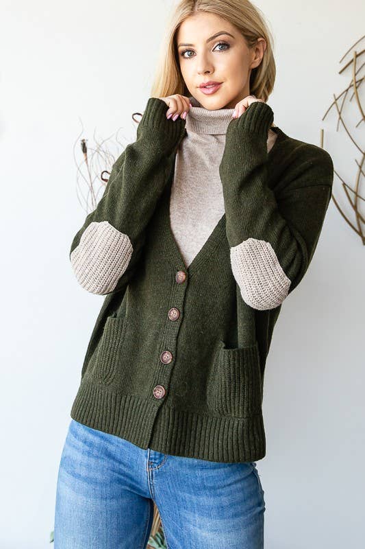 LVY326 LONG SLEEVE V NECK BUTTON DOWN CARDIGAN: OLIVE / 4-2 (1X/2X-2X/3X)