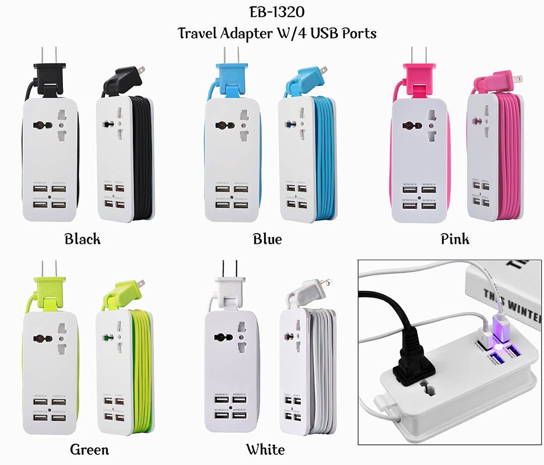 Travel Charger with 4 USB Ports: Blue