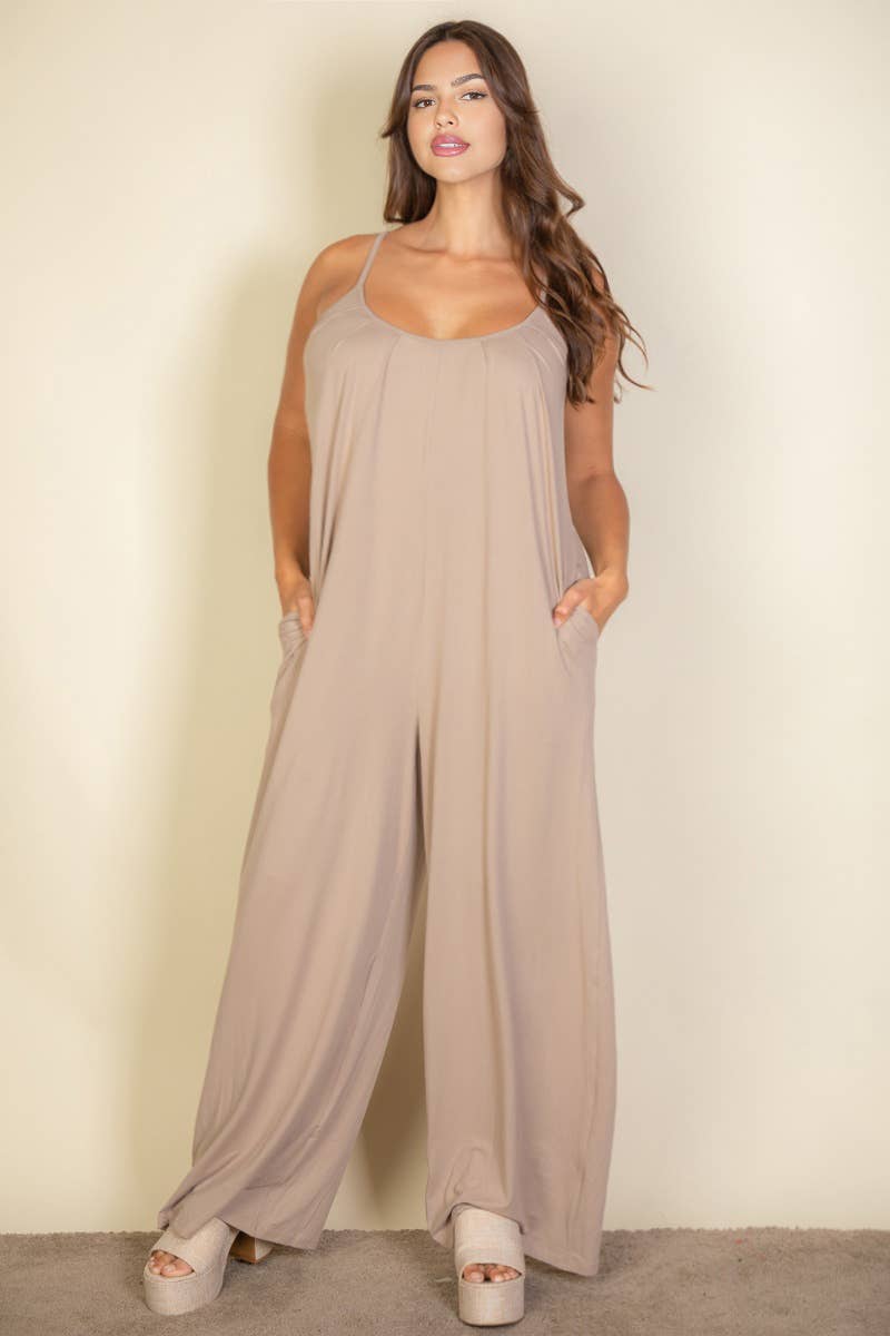 Plus Spaghetti strap solid wide jumpsuit: Olive / 2X