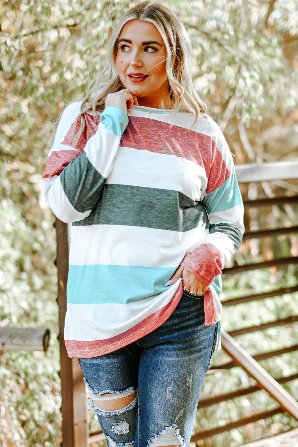 Green Plus Size Colorblock Pullover Top: Green / Plus Size