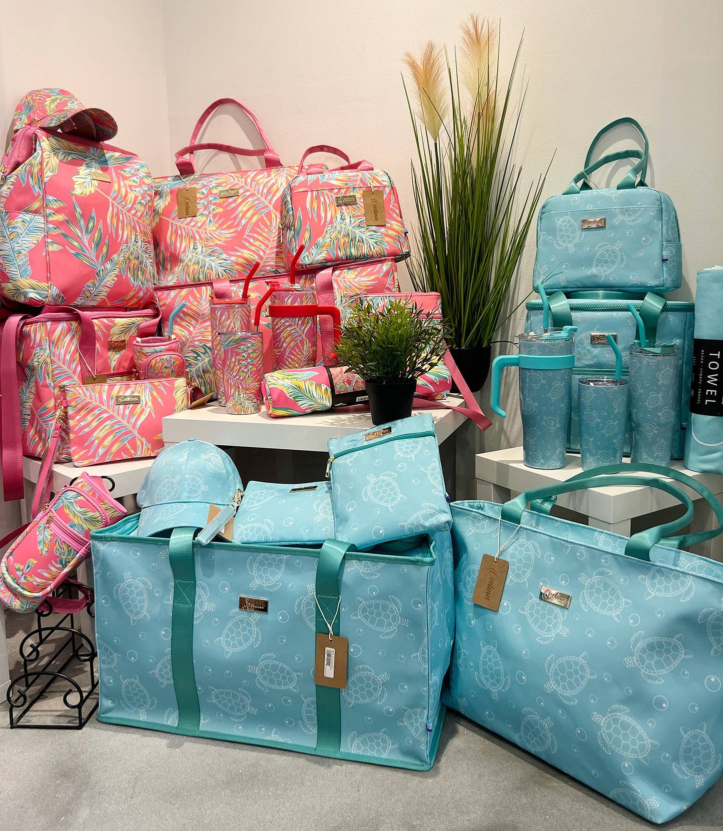 Pretty Backpack Cooler with green fern design in rose red