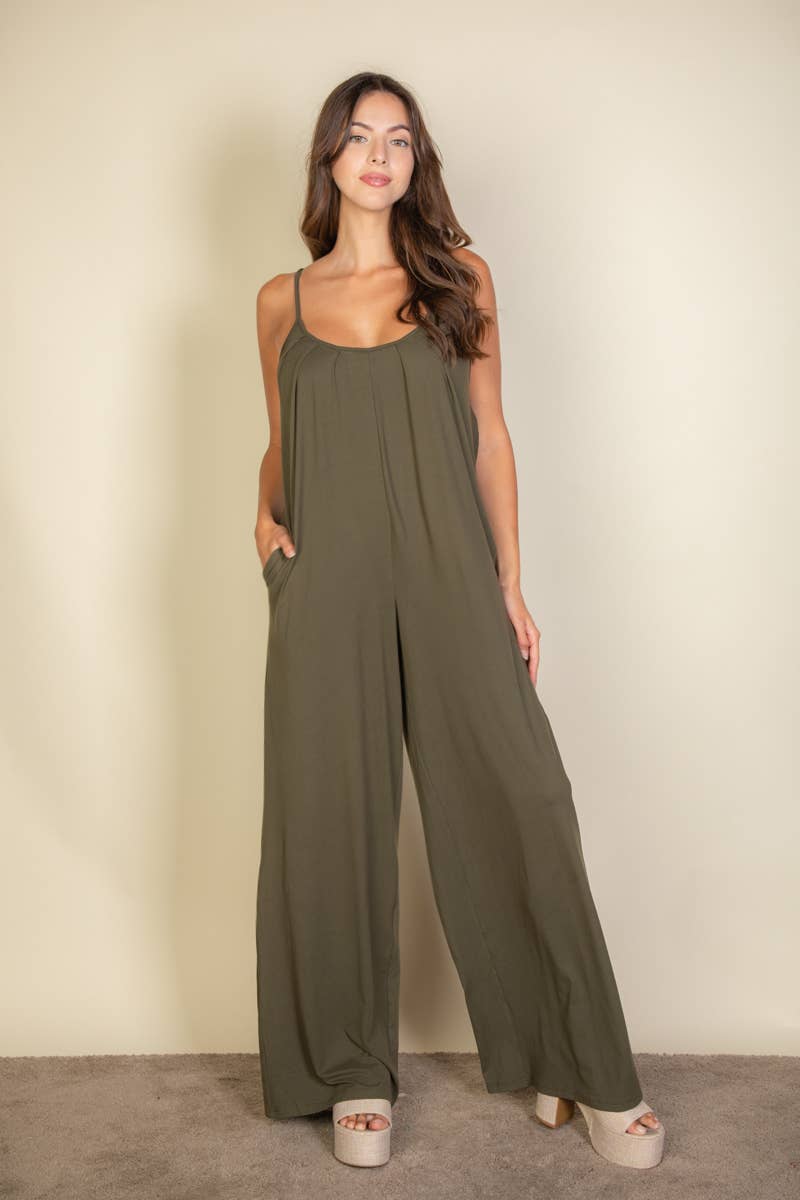 Spaghetti strap solid wide jumpsuit: Olive / L