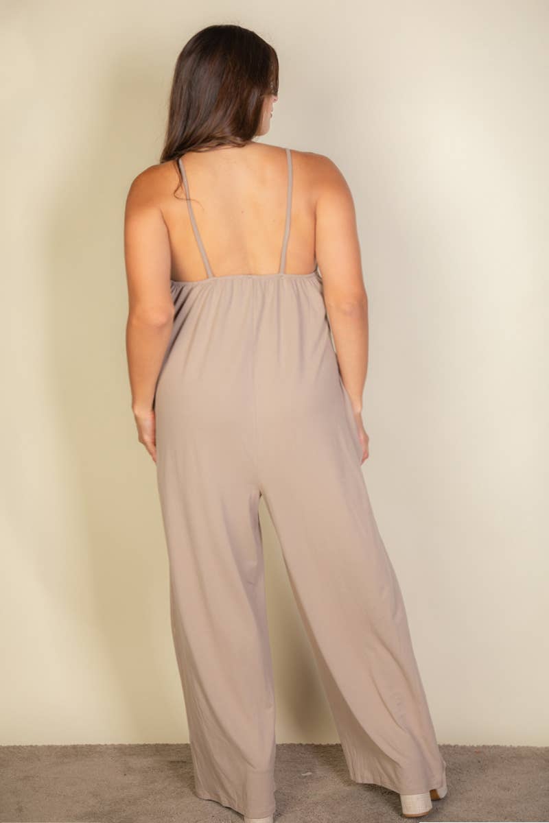 Plus Spaghetti strap solid wide jumpsuit: Olive / 1X