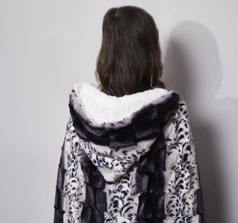 "Snow Leopard Stripe" Faux Fur Plush Hooded Throw Blanket