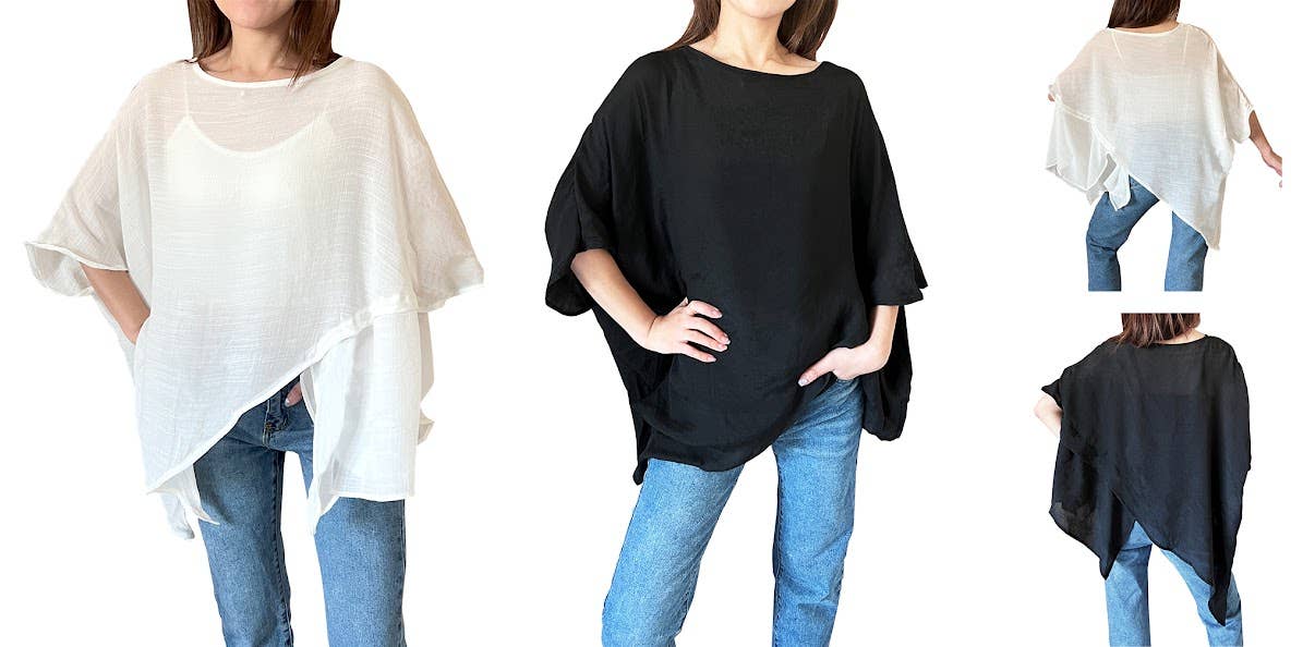 Asymmetrical Hem Boat Neck Loose Tunic: Black