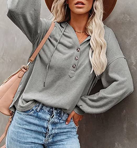 Womens Long Sleeve V Neck Sweatshirts Lightweight Tops: Gray