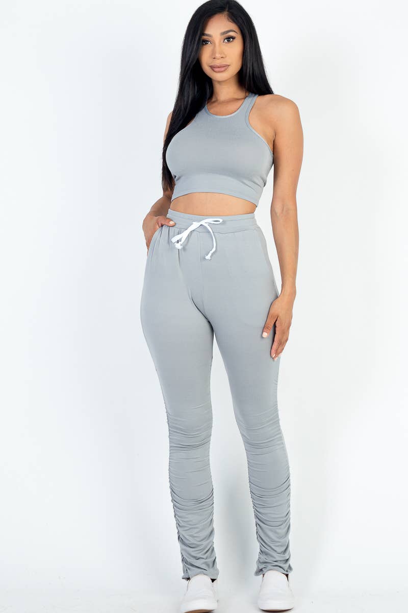 Crop Top & Ruched Pants Set: S / Taupe